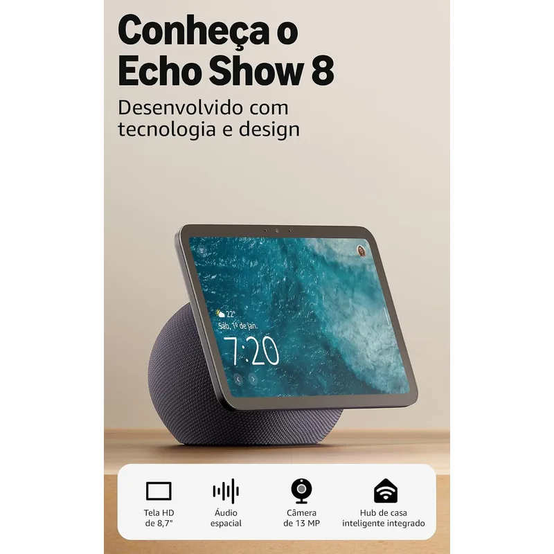 Echo Show 8 com Tela HD de 8,7 Polegadas, Áudio Espacial e Alexa