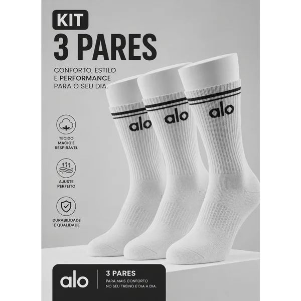 Meia Academia Alo Kit 3 Pares — cano longo, algodão premium