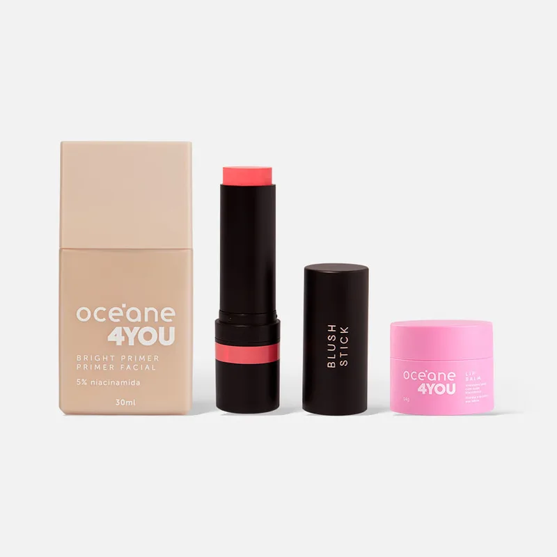 Kit Blush em Bastão Rosa Claro + Primer Iluminador + Hidratante Labial