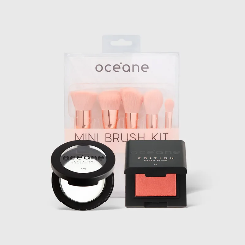Kit Mini Pó Compacto Translúcido + Mini Blush Caramelo + Mini Kit 5 Pincéis