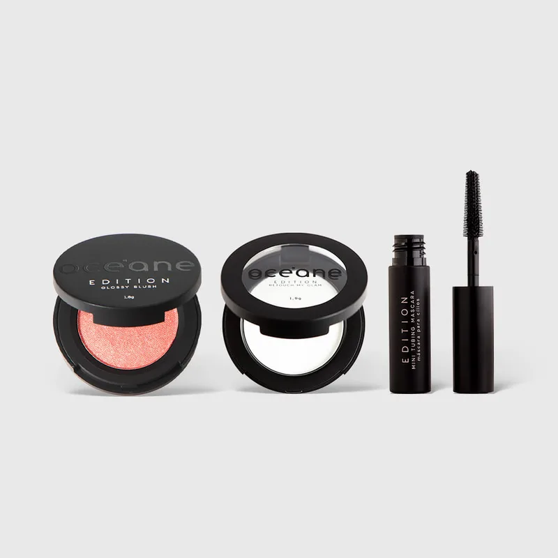 Kit Mini Pó Compacto + Mini Blush Cintilante Glossy + Mini Máscara de Cílios